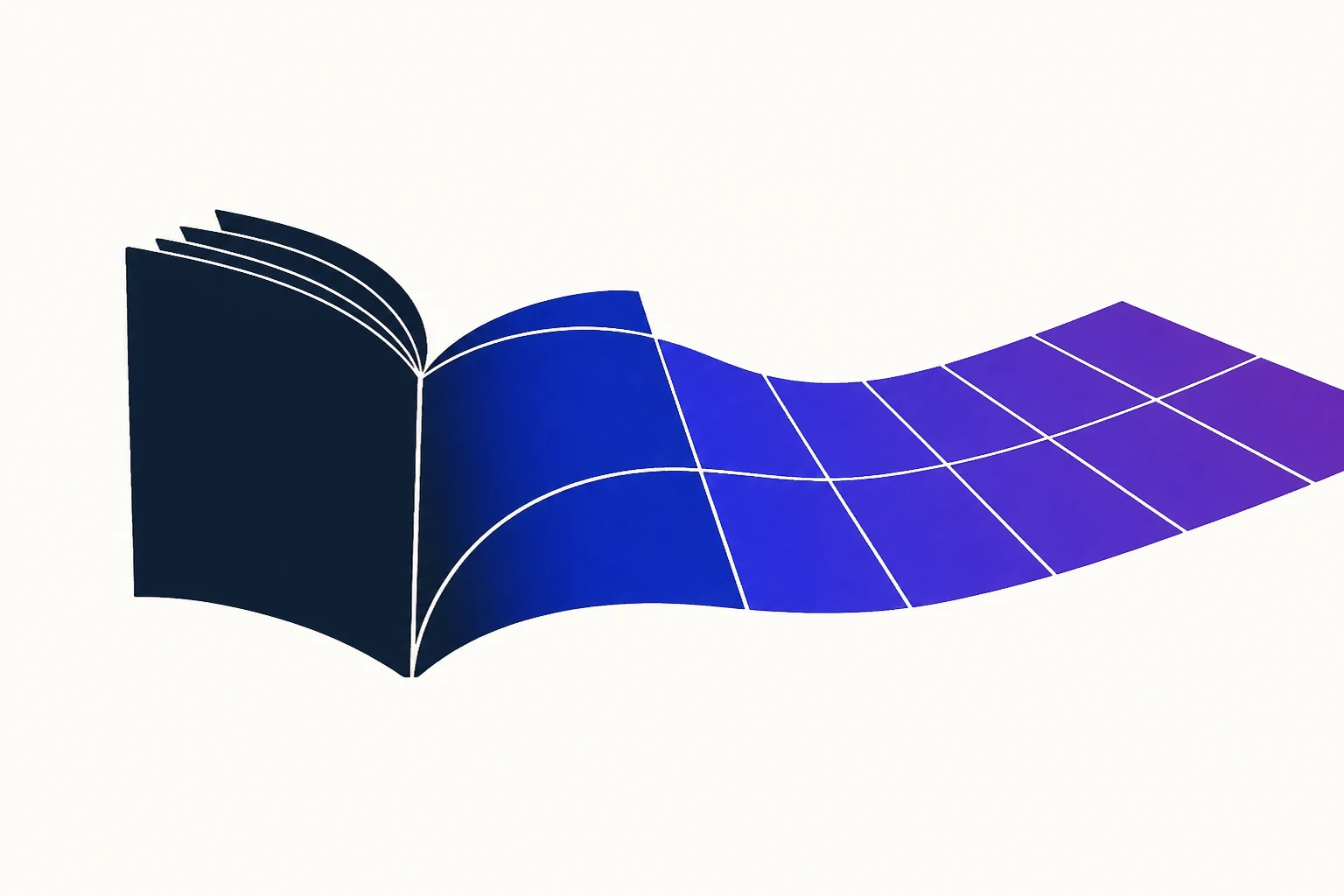 An open navy book unfolds into a blue and violet working grid.