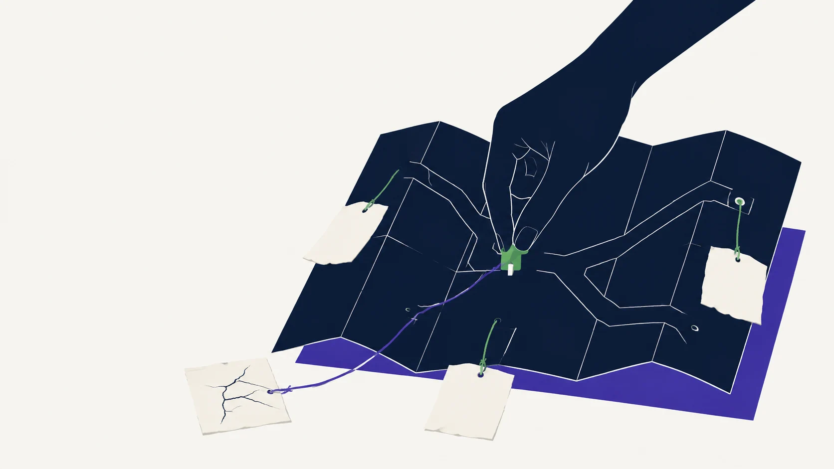 A hand connects evidence across a field of questions.