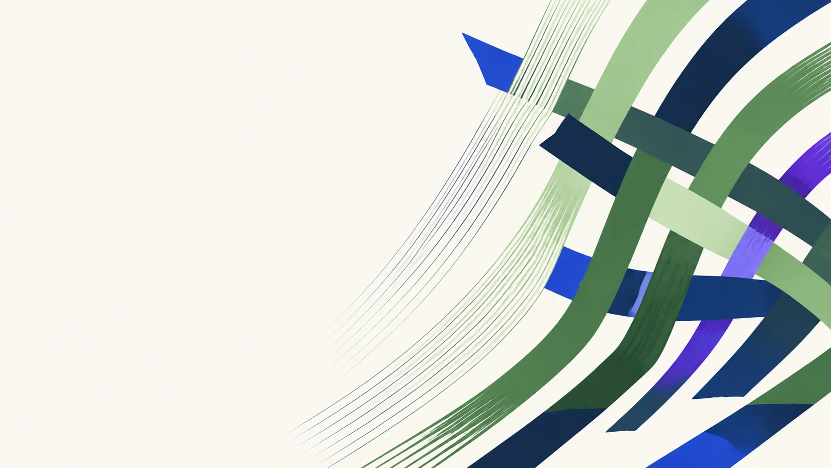 Navy, green and violet ribbons weave into one open structure.